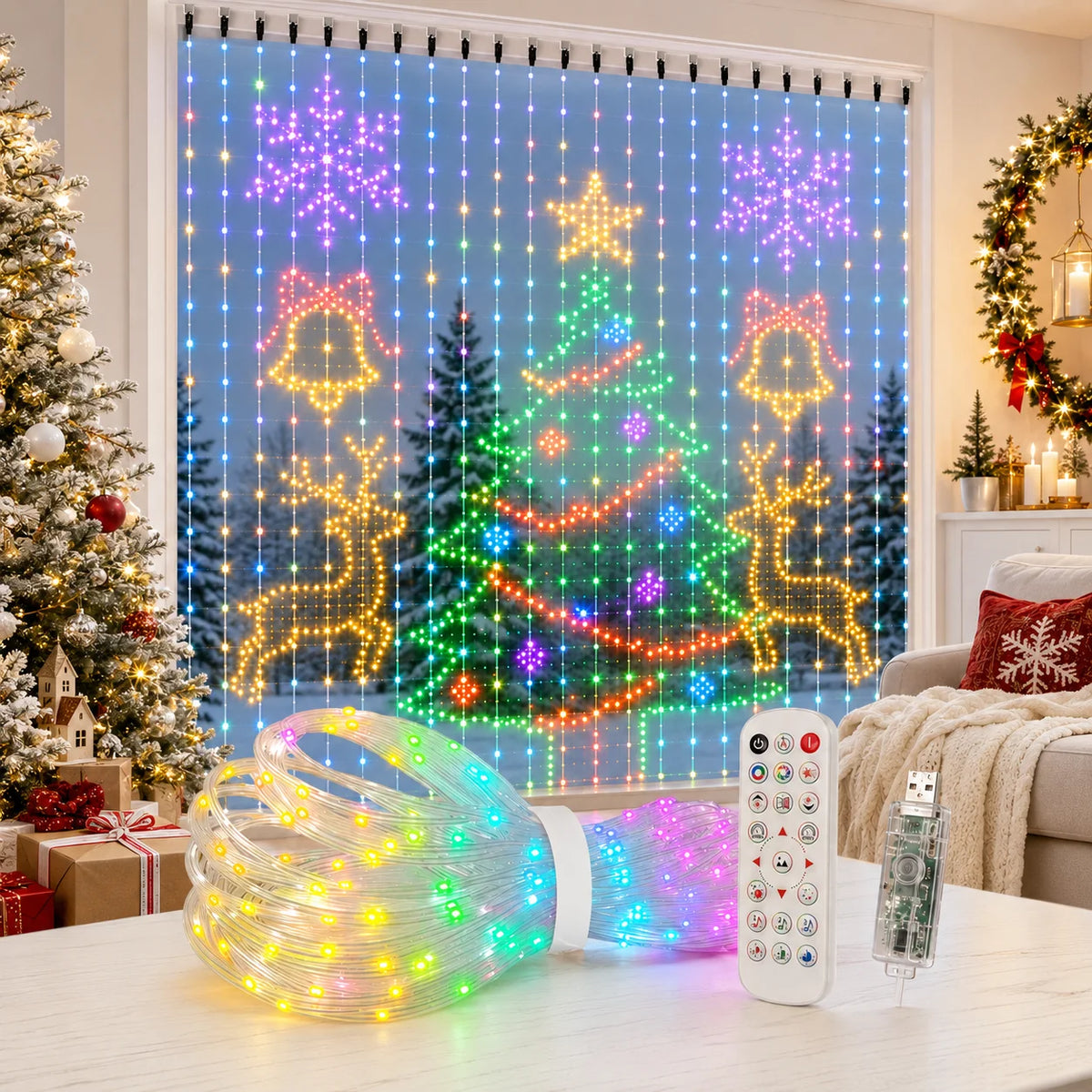 Smart RGBIC Curtain Lights APP Control Music Sync DIY Patterns Timer LED String Lights for Christmas Bedroom Party Decor