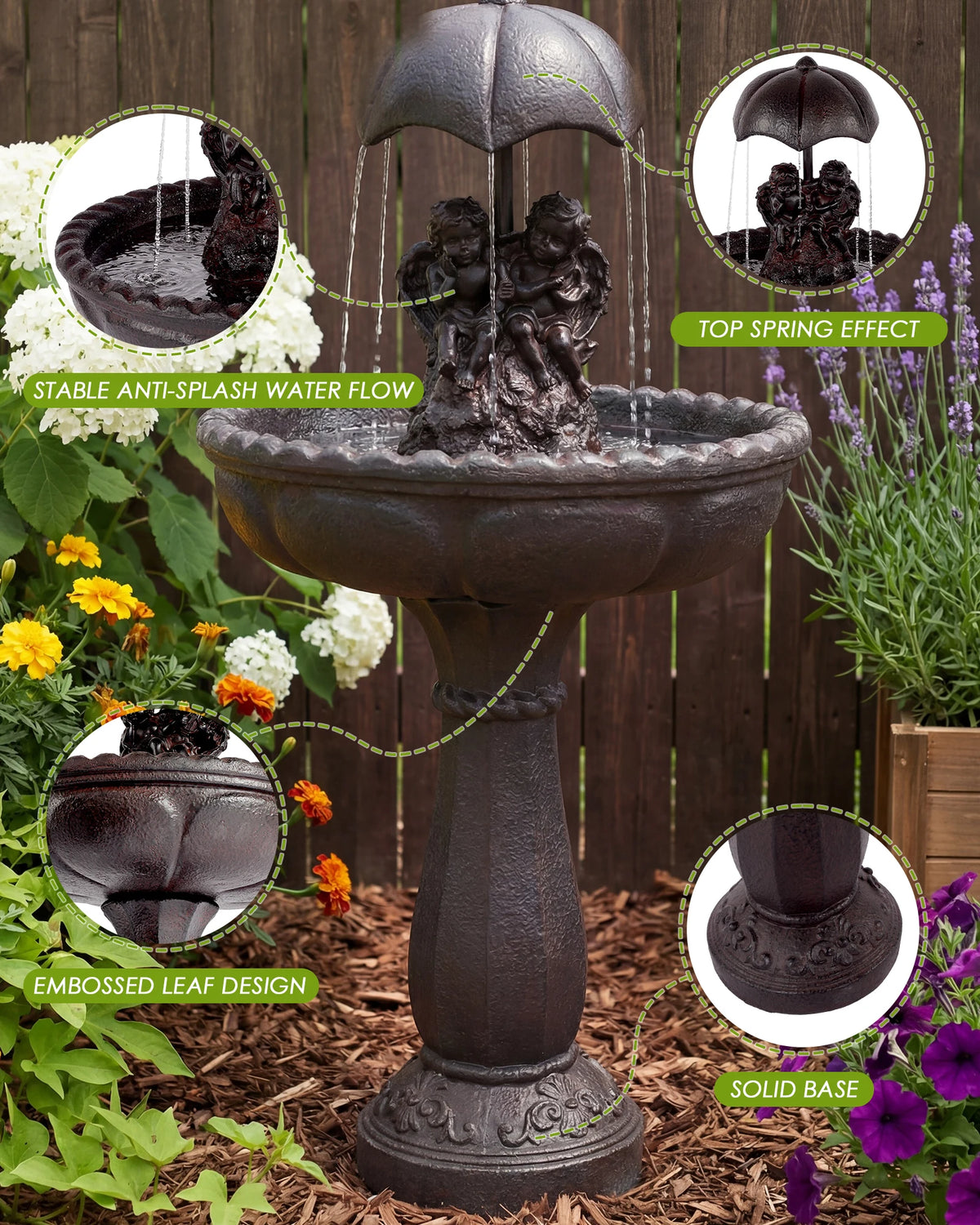 Solar Outdoor Cascading Water Fountain With Whisper Quiet Pump