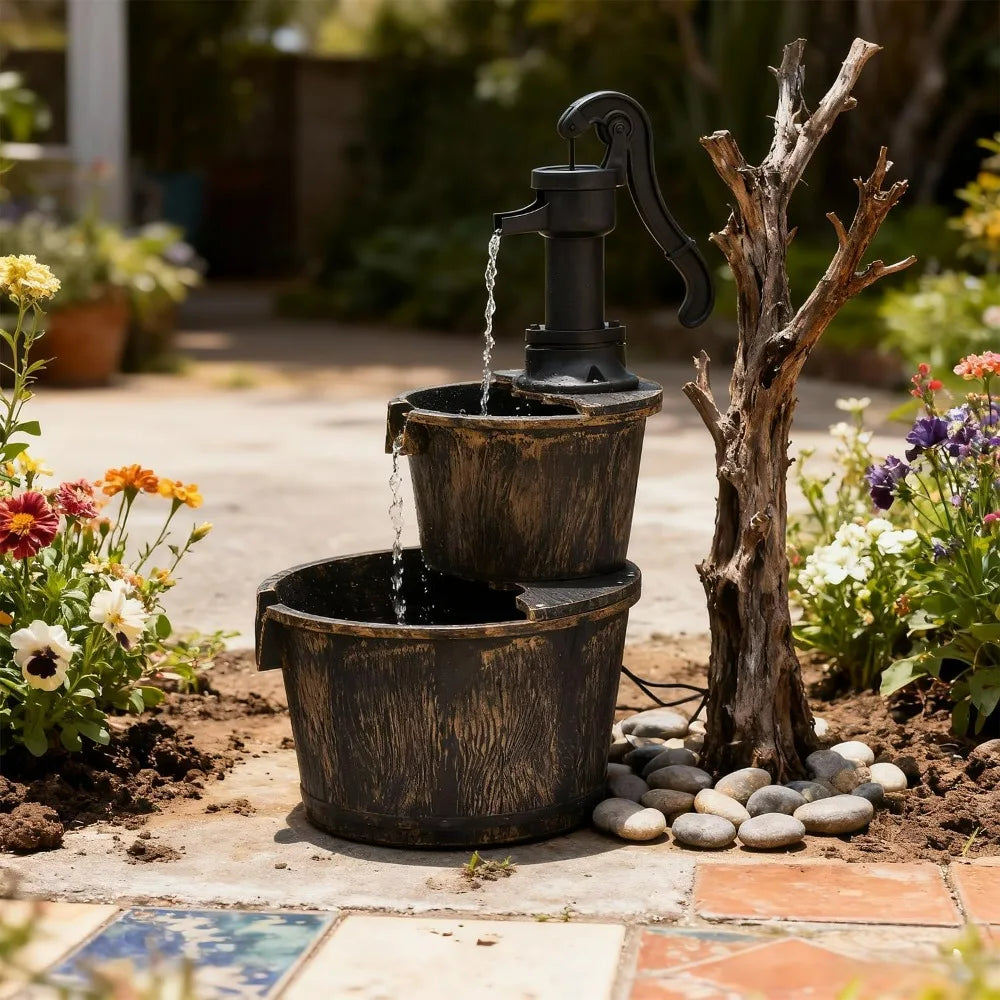 Two Tier Stepped Barrel Waterfall Fountain With Pump