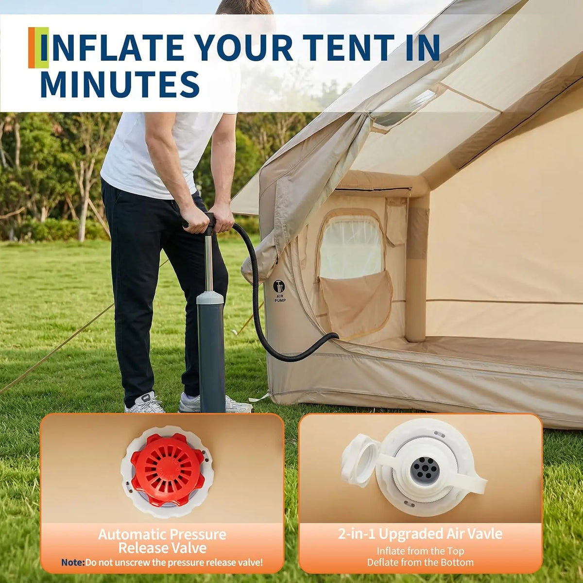 Inflatable Camping Tent 4 Person 4 Season Waterproof Family Air Tent with Hand Pump 5 Min Setup Stove Jack Mesh Windows Skylight 210D Oxford Fabric 63 Sq Ft Floor Portable for Hiking Fishing Beach Fall Winter