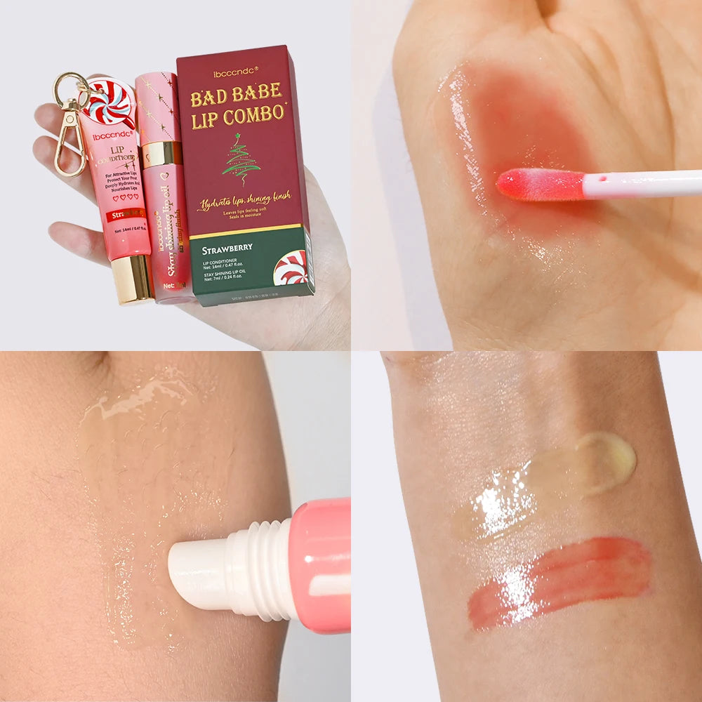 Strawberry Christmas Lip Combo Lip Conditioner Shiny Lip Oil with Keychain Hydrating Long Lasting Moisturizing Lip Care Set