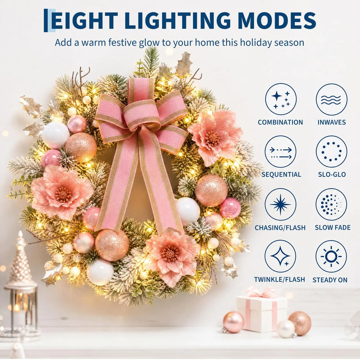 24 Inch Pre-Lit Pink Magnolia Christmas Wreath With 20 Led Lights, 8 Modes Timer, Snowy Pine Ball Ornaments Front Door Decor