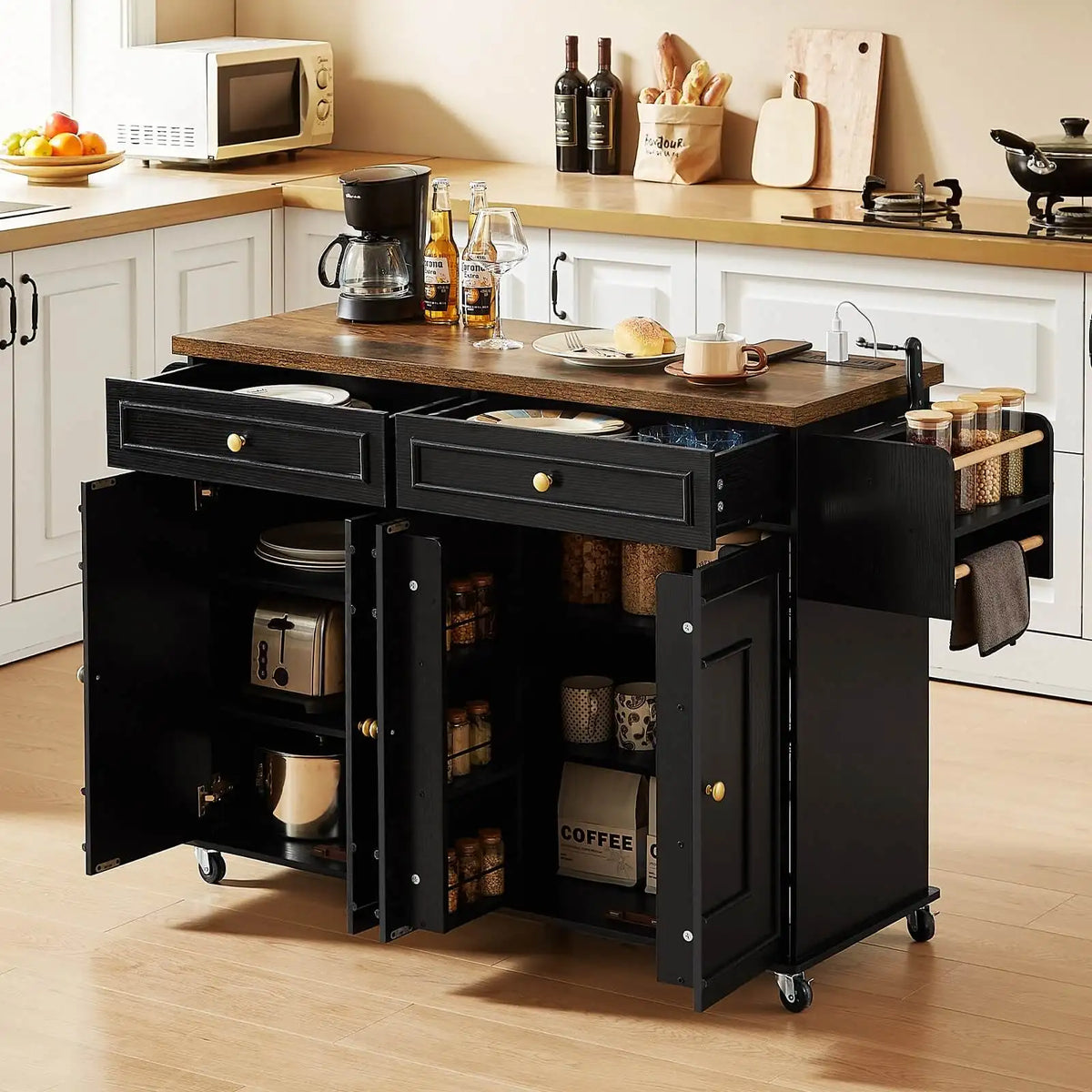 Wooden Rolling Kitchen Island Cart With Drop Leaf Storage Rack