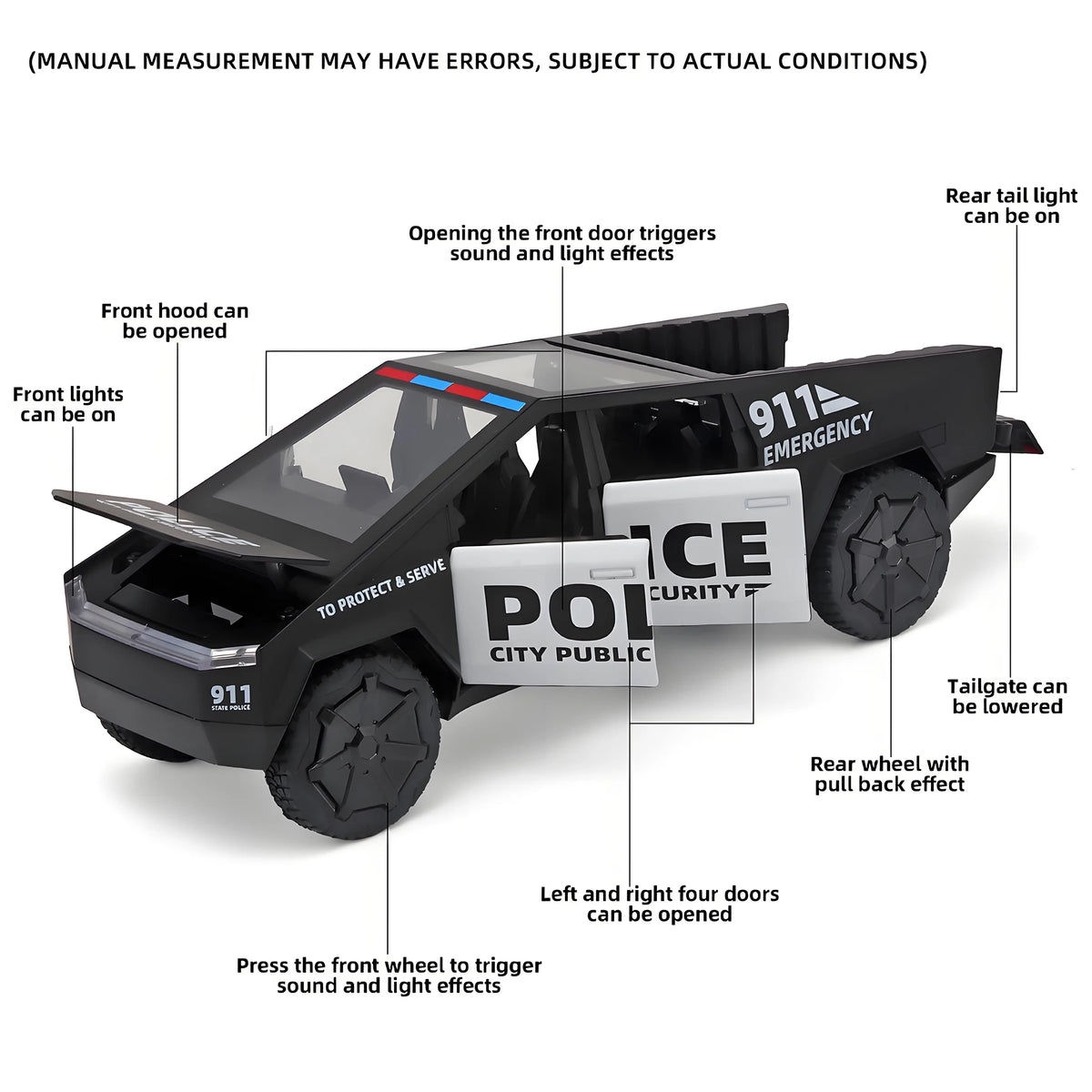 1/32 scale die-cast CYBERTRUCK police car model, realistic sound and light toy suitable for boys aged 3-8.
