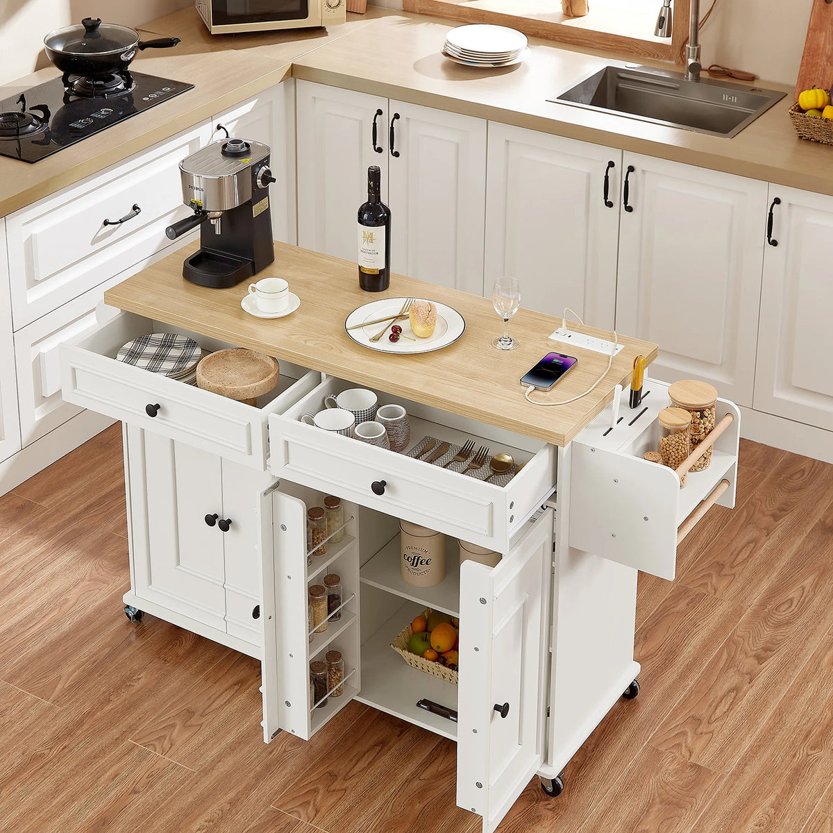 Wooden Mobile Kitchen Island Drop Leaf Drawers With Power Outlet