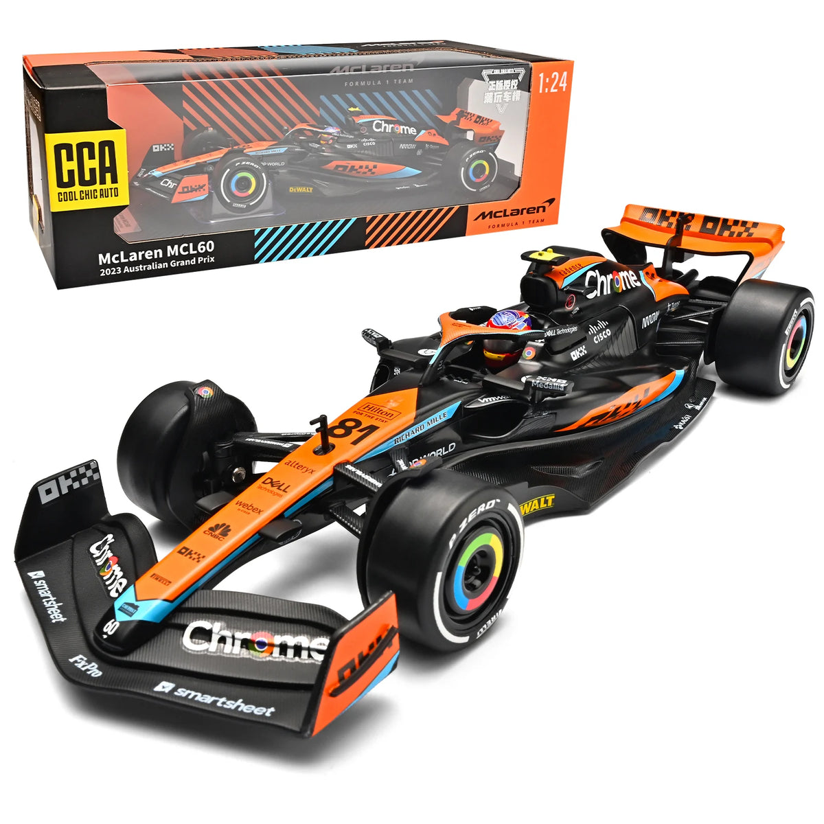 1:24 Scale McLaren MCL60 Diecast Alloy Model, 2023 Australian GP #4 Racing Car with Steering Wheels Base Collectible Display Gift