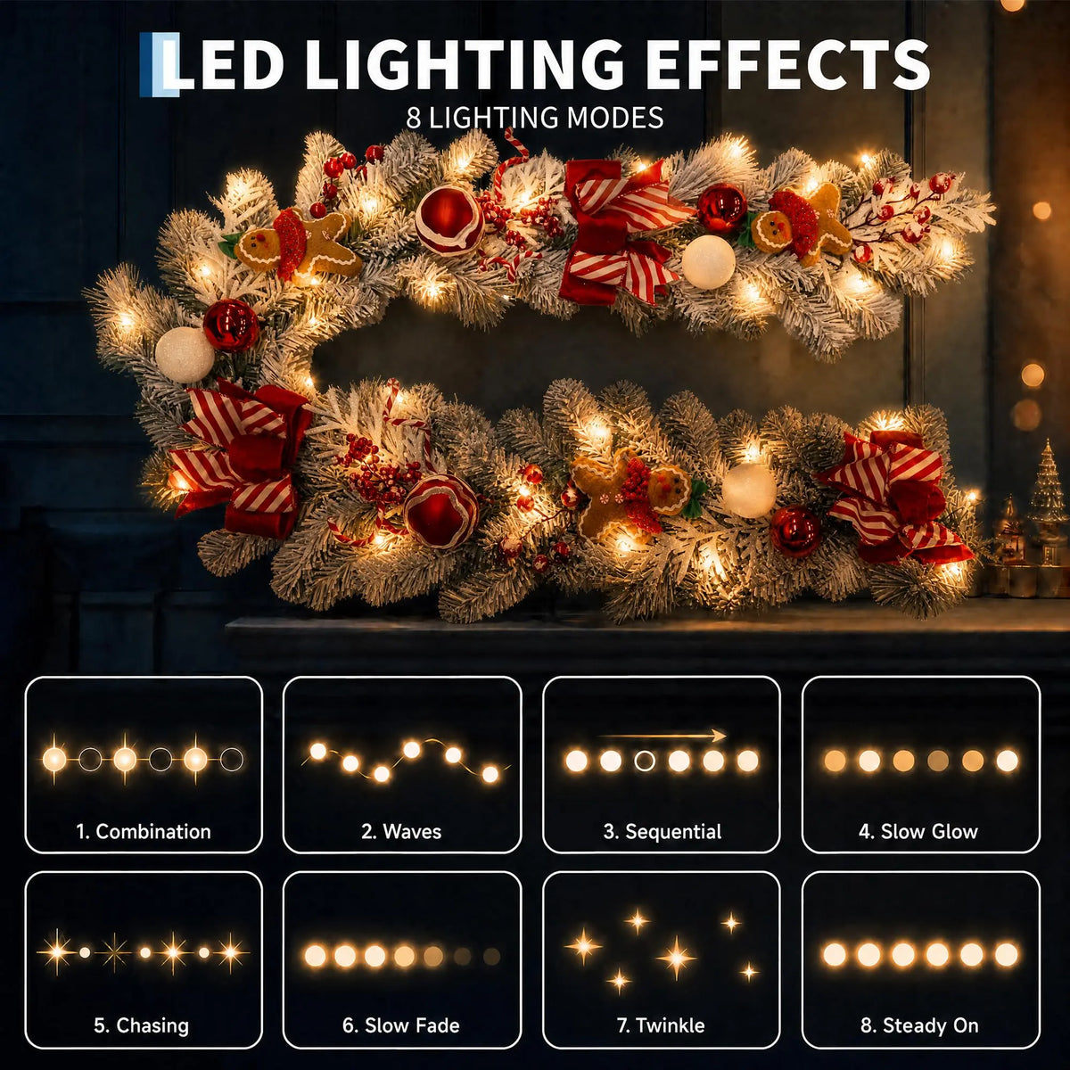 6FT Pre-Lit Gingerbread Christmas Garland With 20 LED Lights, 8 Modes Timer, Red Bows Berries Candy Balls For Mantel Stair Decor