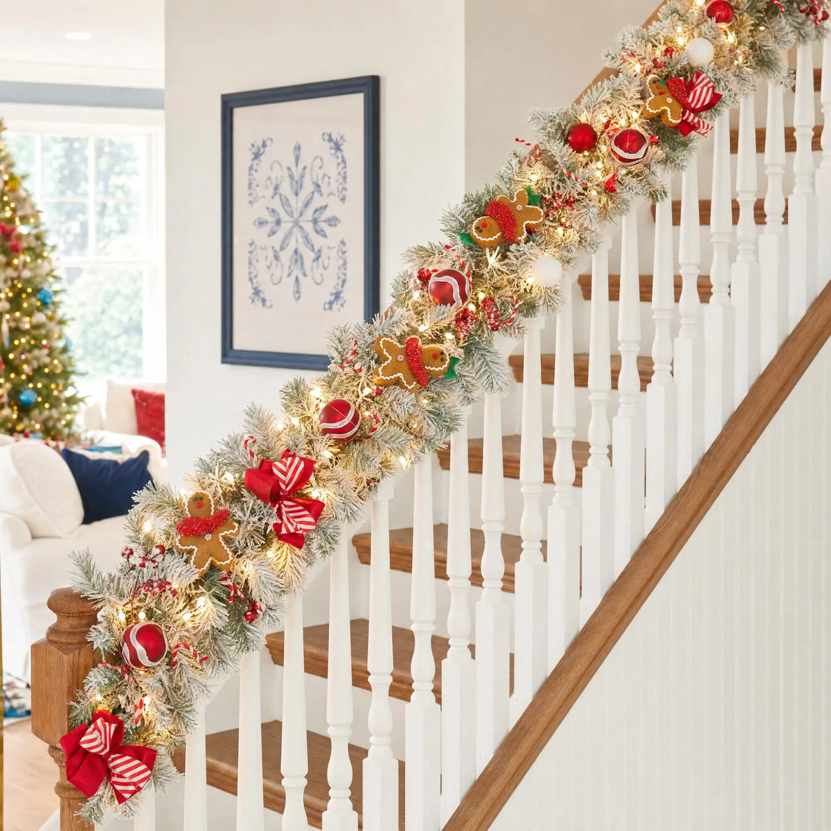 6FT Pre-Lit Gingerbread Christmas Garland With 20 LED Lights, 8 Modes Timer, Red Bows Berries Candy Balls For Mantel Stair Decor