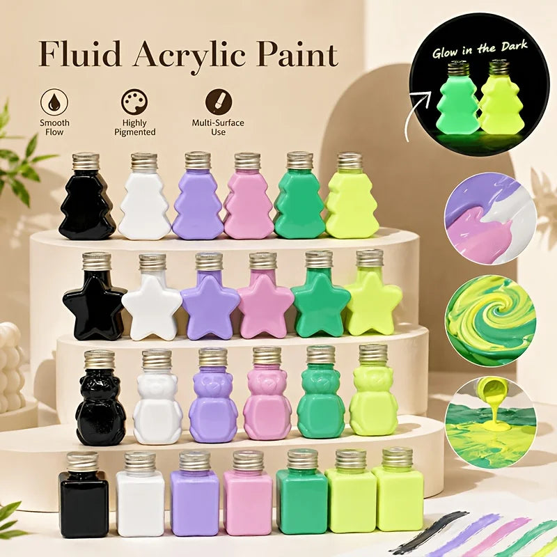 6‑Color 50ml/1.69oz Fluid Acrylic Paint Set, 2 Glow‑in‑Dark + 4 Standard,  Glow Green, Glow Yellow, Black, White, Violet, Rose Red. 4 unique shaped bottles. Pre‑mixed for smooth flow, high color saturation.