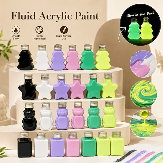 6‑Color 50ml/1.69oz Fluid Acrylic Paint Set, 2 Glow‑in‑Dark + 4 Standard,  Glow Green, Glow Yellow, Black, White, Violet, Rose Red. 4 unique shaped bottles. Pre‑mixed for smooth flow, high color saturation.