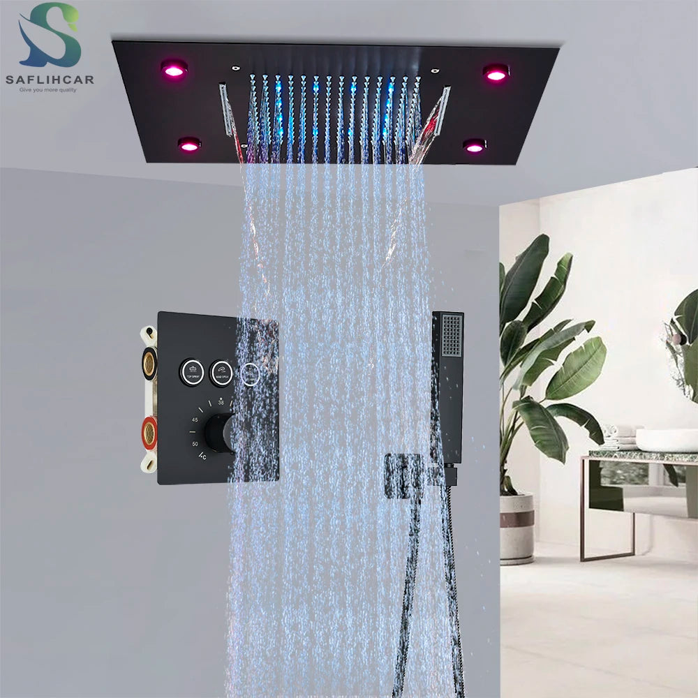 Black Embedded Ceiling Shower Head Intelligent Remote Control LED Rainfall Shower Set High Flow Waterfall Concealed Tap