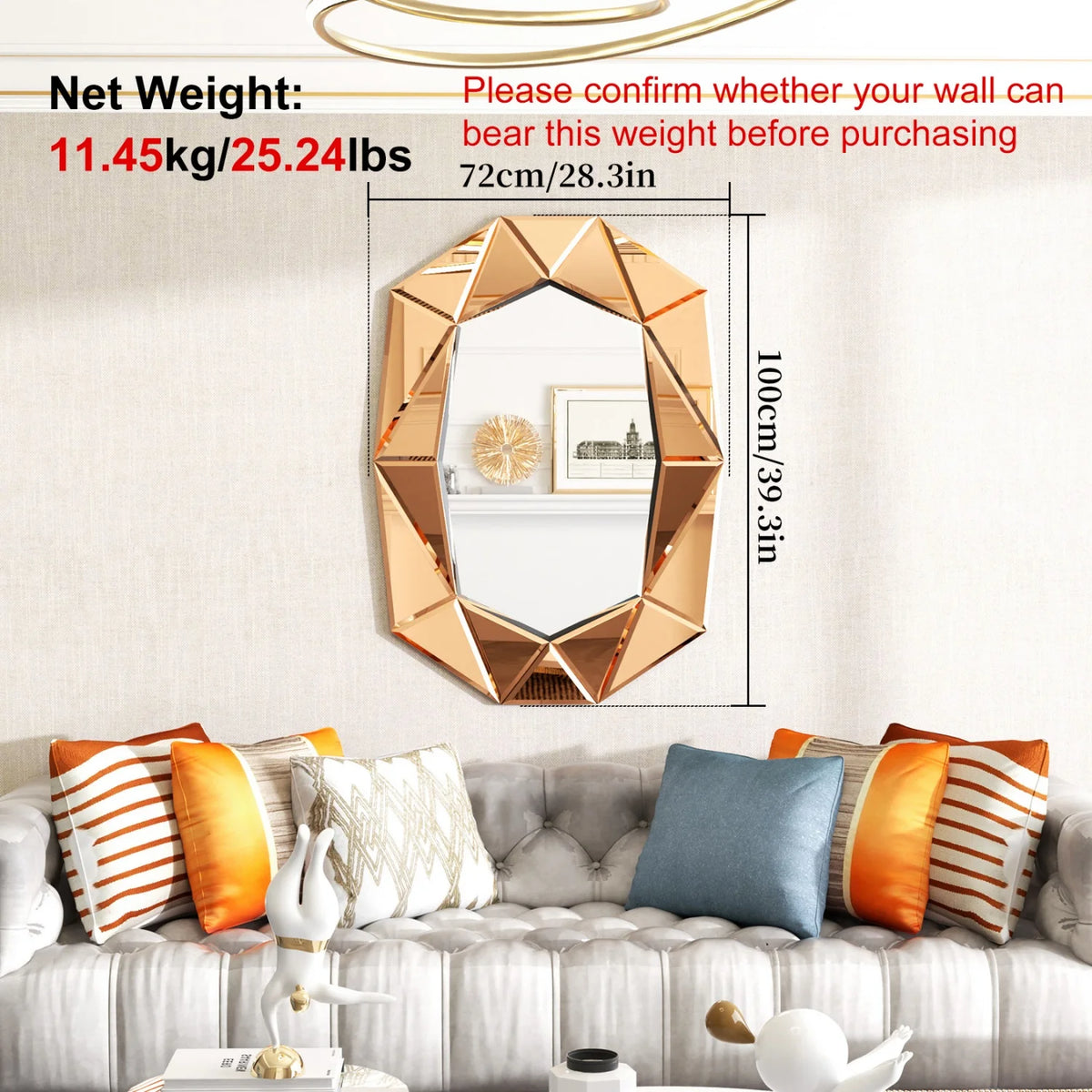 Asymmetrical Mirror Irregular Decorative Wall Mirror with Beveled Diamond Edge for Bedroom Living Room Entryway Hall Accent Mirror