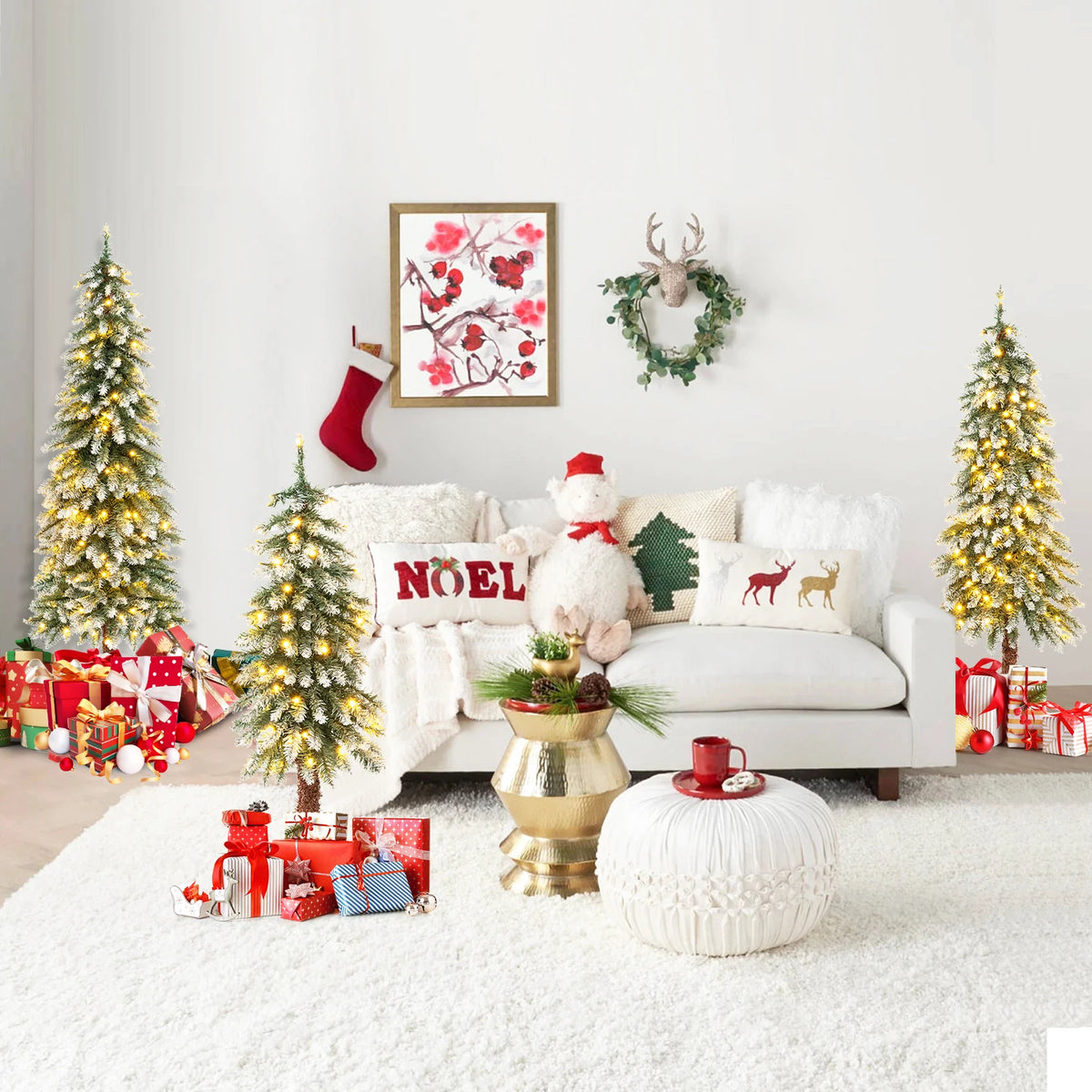 Lifezeal Pre Lit Artificial Snowy Pencil Christmas Tree Set