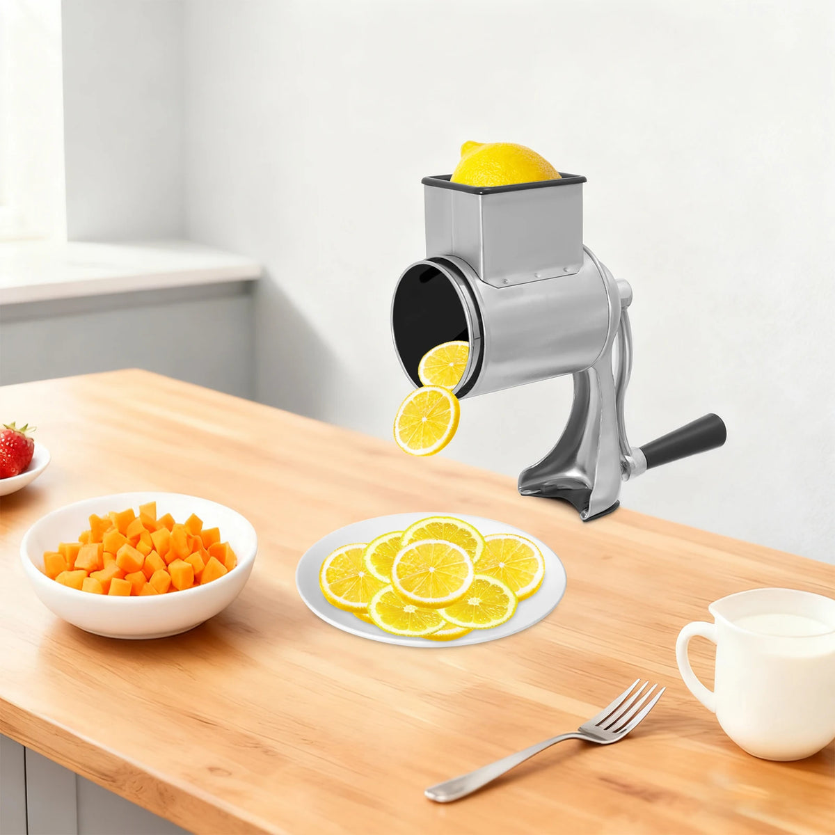Stainless Steel Rotary Grater, Manual Drum Vegetable Slicer, 5 Interchangeable Blades, Safe Hand Crank Cutter for Potato Onion Carrot Salad