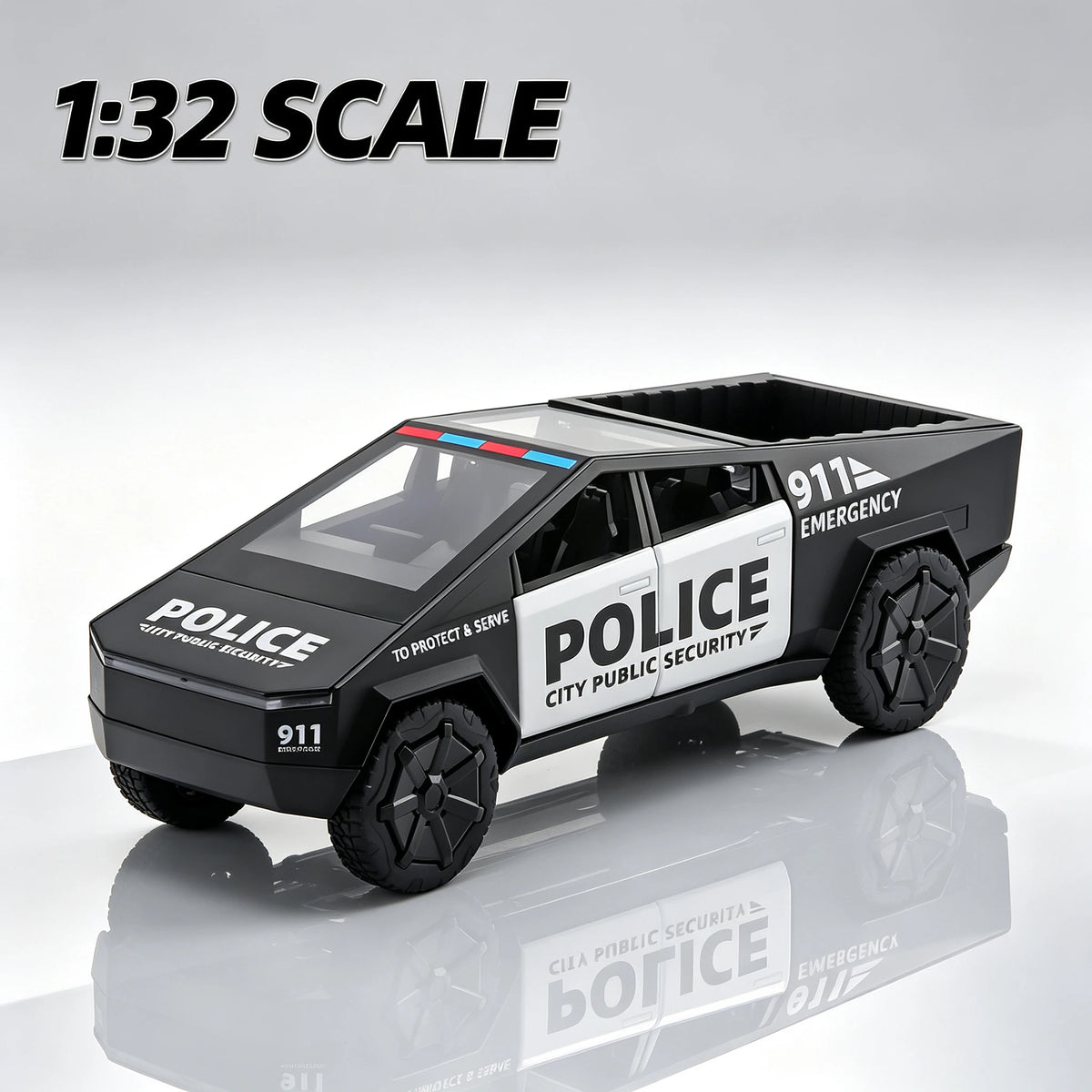 1/32 scale die-cast CYBERTRUCK police car model, realistic sound and light toy suitable for boys aged 3-8.