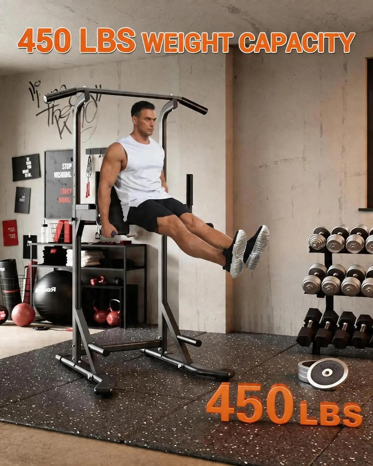 Power Tower Pull Up Bar for Home Gym, 450lbs Heavy Duty Capacity, Multi-Function Dip Station with Adjustable Height, Full Body Strength Training Equipment for Pull-Ups, Dips, Leg Raises, Carbon Steel Fitness Rack