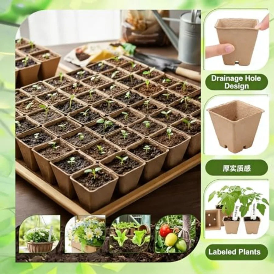 Garden germination container: biodegradable square peat pots 2.36 + compressed coir fiber soil, 500 sets bulk kit with planting