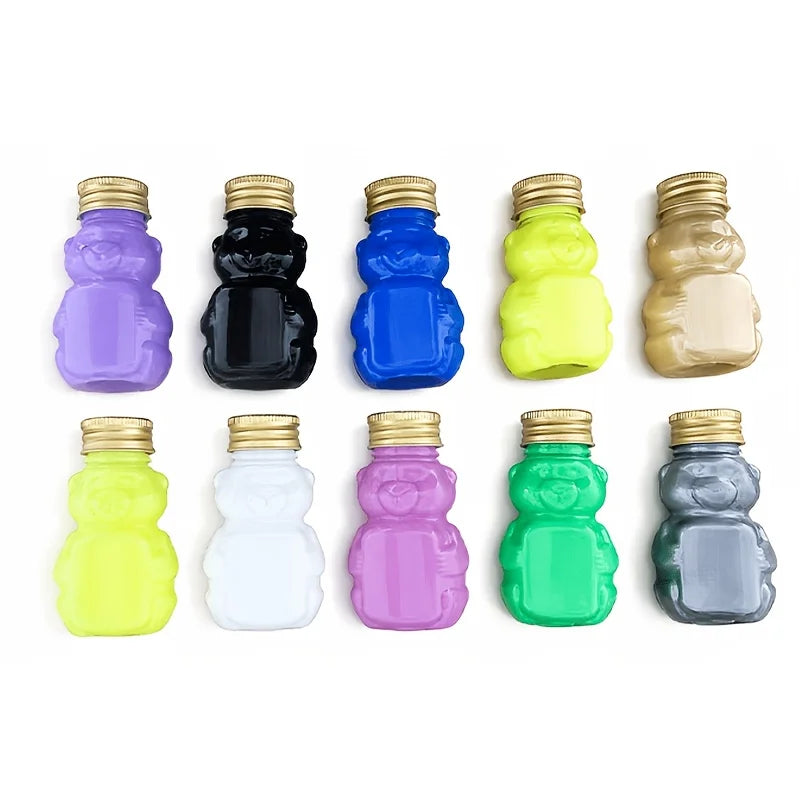 10‑Color 50ml/1.69oz Fluid Acrylic Paint Set, 4 Standard +2 Neon +2 Metallic +2 Glow‑in‑Dark. Colors: Black, White, Violet, Rose Red, Neon Blue, Neon Yellow, Gold, Silver, Glow Green, Glow Yellow. 4 novelty shaped bottl