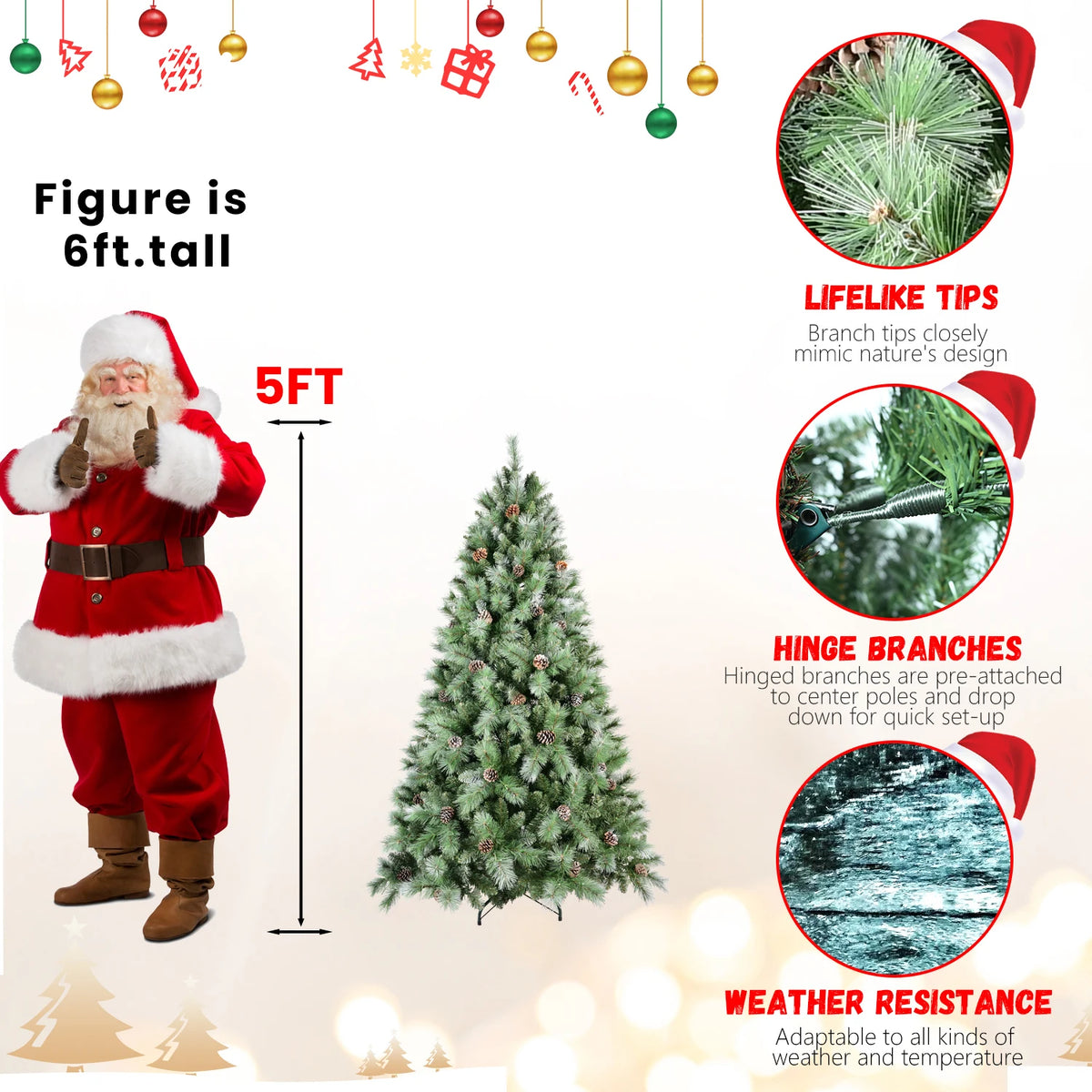 Artificial Christmas Tree Realistic Pine Cones Heavy Duty Metal Stand