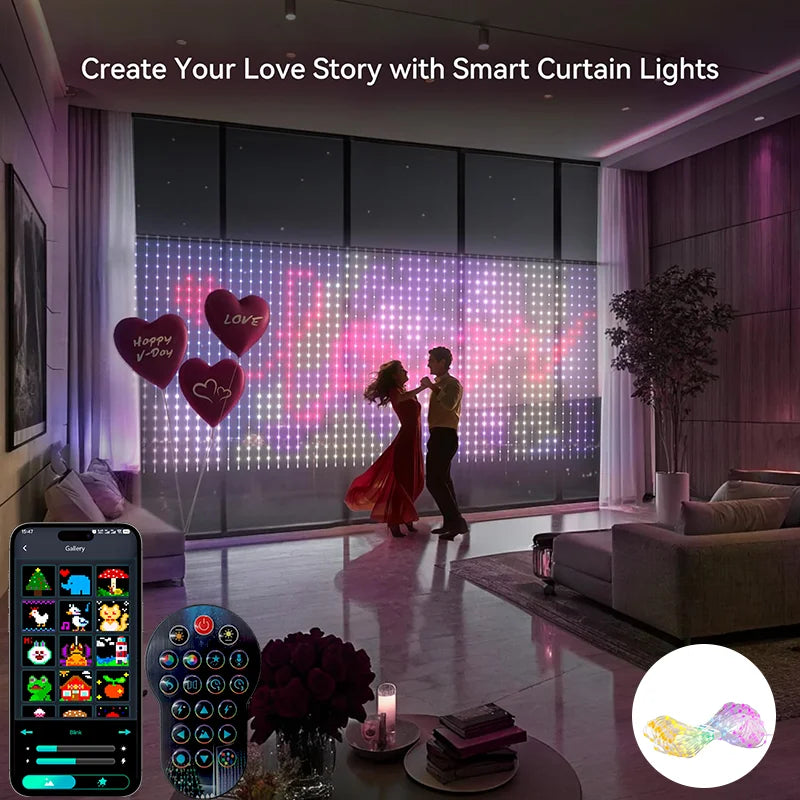 Smart RGBIC Curtain Lights APP Control Music Sync DIY Patterns Timer LED String Lights for Christmas Bedroom Party Decor
