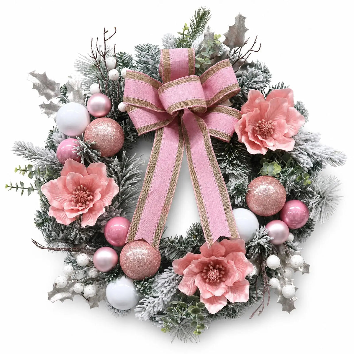 24 Inch Pre-Lit Pink Magnolia Christmas Wreath With 20 Led Lights, 8 Modes Timer, Snowy Pine Ball Ornaments Front Door Decor