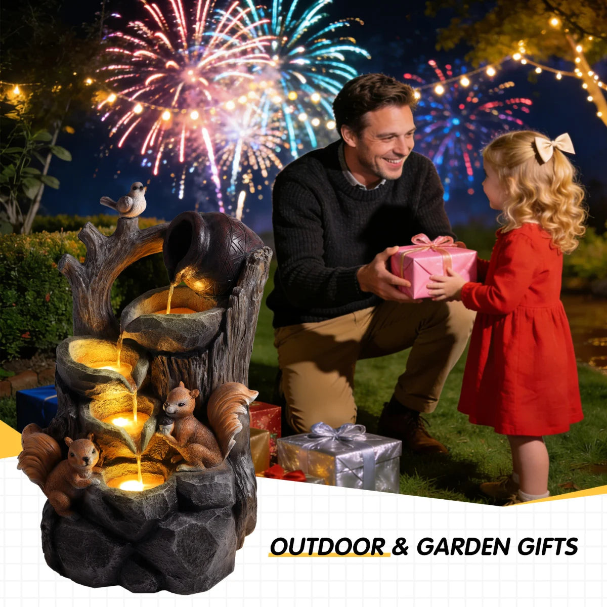 Squirrel Outdoor Water Fountain With Lights Waterfall Garden Decor
