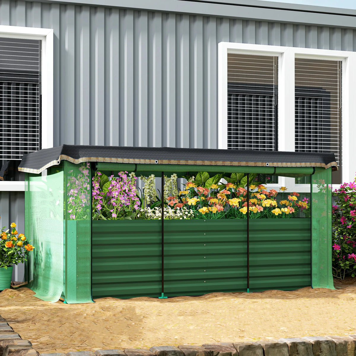 Galvanized Raised Garden Bed with Crop Cage & Shade Cloth, Green