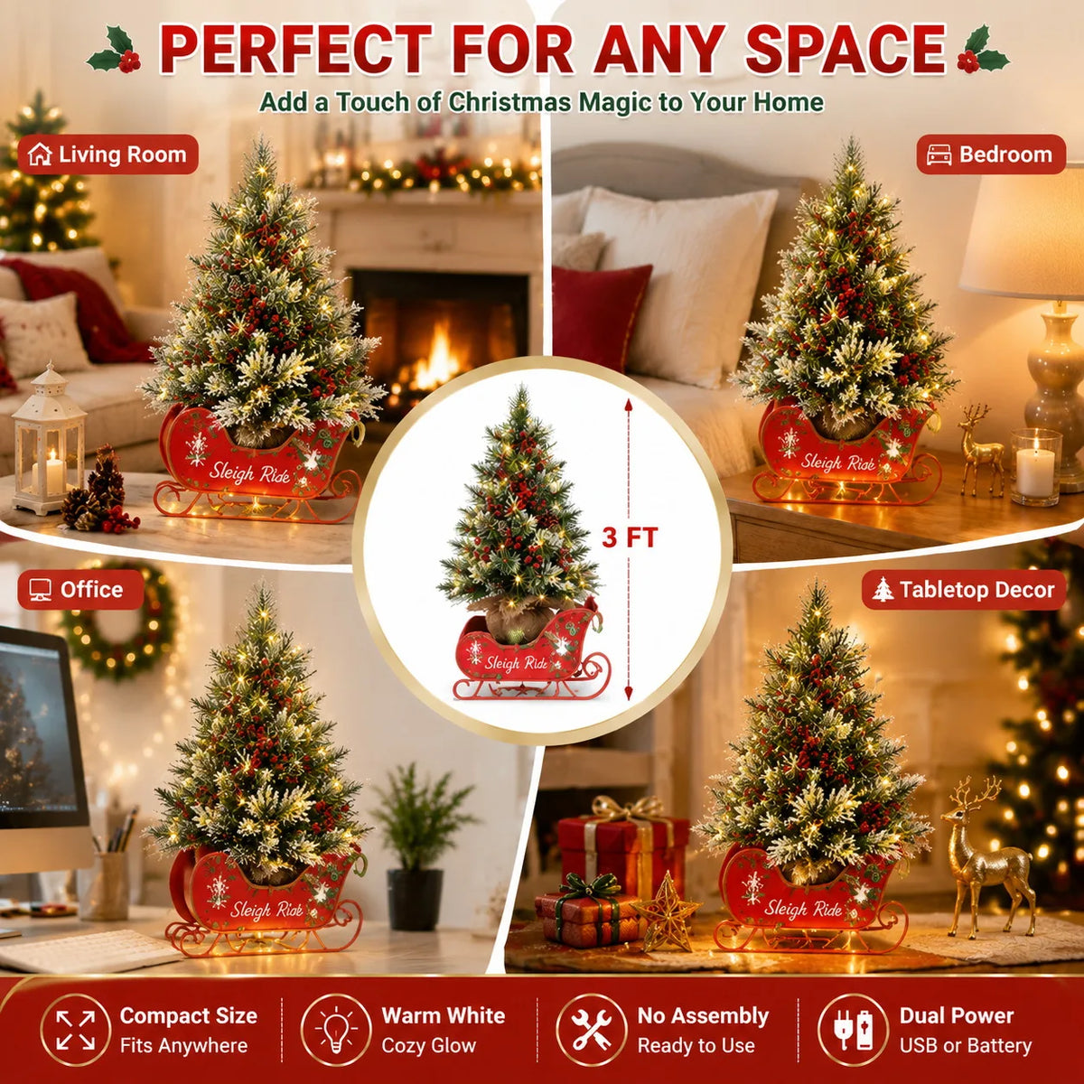 3‘ Artificial Christmas Tree Pre Lit Fiber Optic with 78 Warm White LED Lights 8 Mode Lighting Sleigh Ride Base USB Powered Battery Operated Tabletop Xmas Tree No Assembly