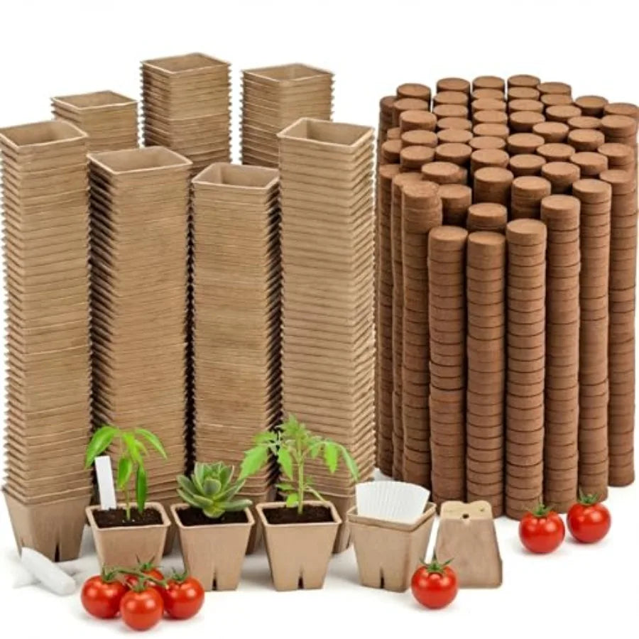 Garden germination container: biodegradable square peat pots 2.36 + compressed coir fiber soil, 500 sets bulk kit with planting