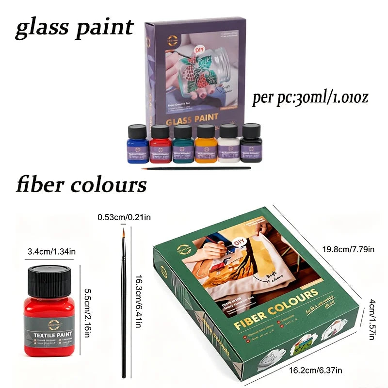 6 Color 30ml/1.01oz Hand Painting Paint Kit. Fabric Paint & Glass Paint. Each Kit Contains 6 Paint Bottles & 1 Outlining Brush. High Color Saturation  Strong Adhesion for Hand Painting on Fabric、 Glass. For DIY Crafters & A