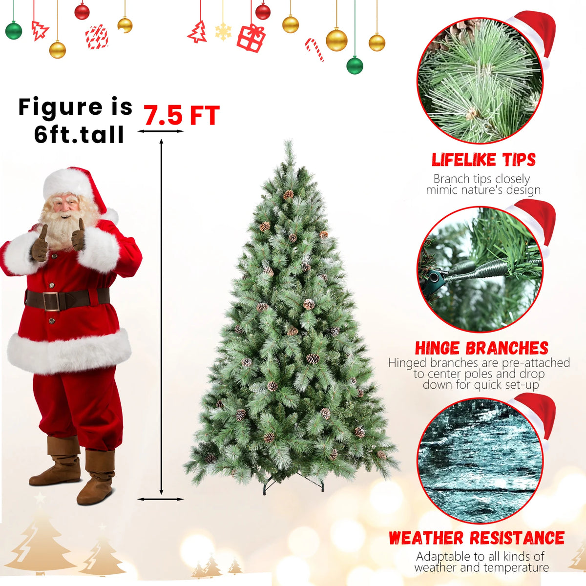 Artificial Christmas Tree Realistic Pine Cones Heavy Duty Metal Stand