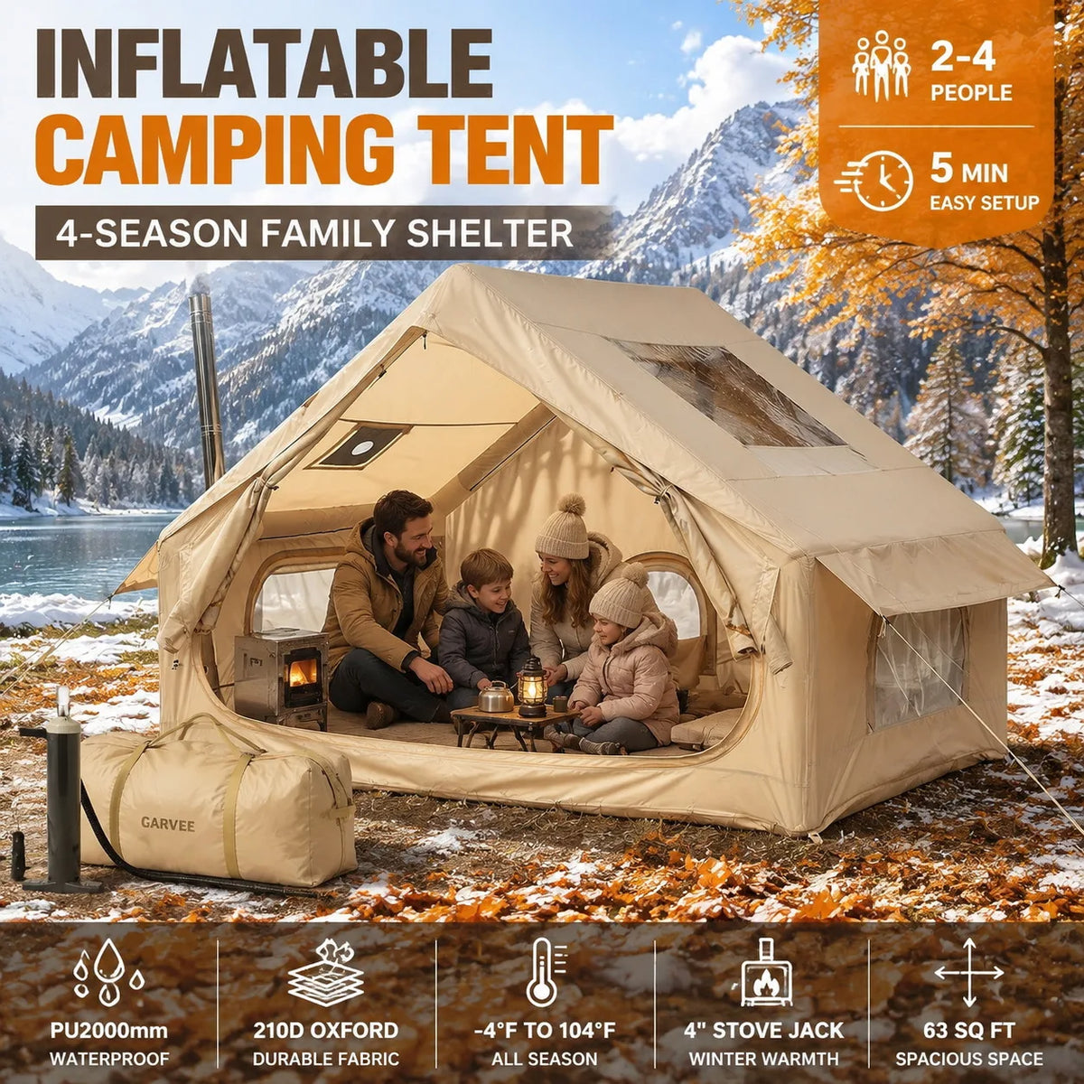 Inflatable Camping Tent 4 Person 4 Season Waterproof Family Air Tent with Hand Pump 5 Min Setup Stove Jack Mesh Windows Skylight 210D Oxford Fabric 63 Sq Ft Floor Portable for Hiking Fishing Beach Fall Winter