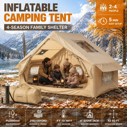 Inflatable Camping Tent 4 Person 4 Season Waterproof Family Air Tent with Hand Pump 5 Min Setup Stove Jack Mesh Windows Skylight 210D Oxford Fabric 63 Sq Ft Floor Portable for Hiking Fishing Beach Fall Winter