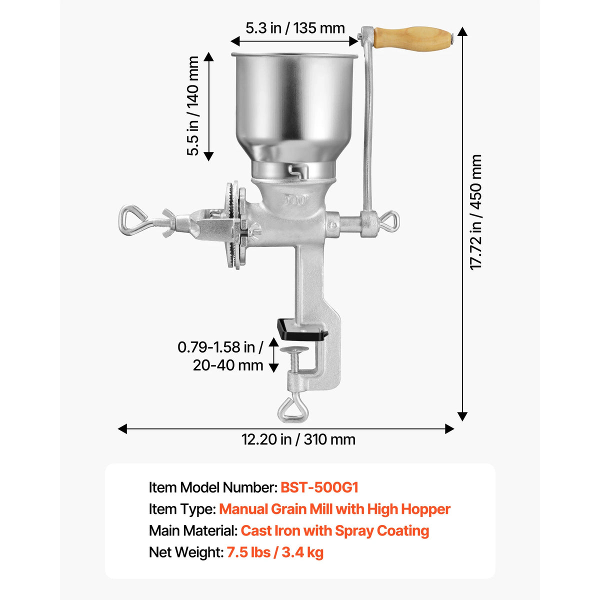 SucceBuy Manual Grain Mill with High Hopper Hand-Crank Corn Grinder with Stable Table Clamp for Grains Spices Coffee Beans Nuts