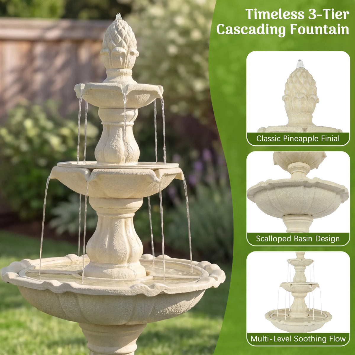 Solar Powered 3 Tier Outdoor Water Fountain With Pineapple Finial
