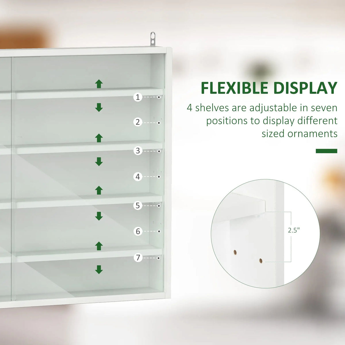 5-Tier White Display Cabinet with Glass Doors & Adjustable Shelves, Wall-Mounted