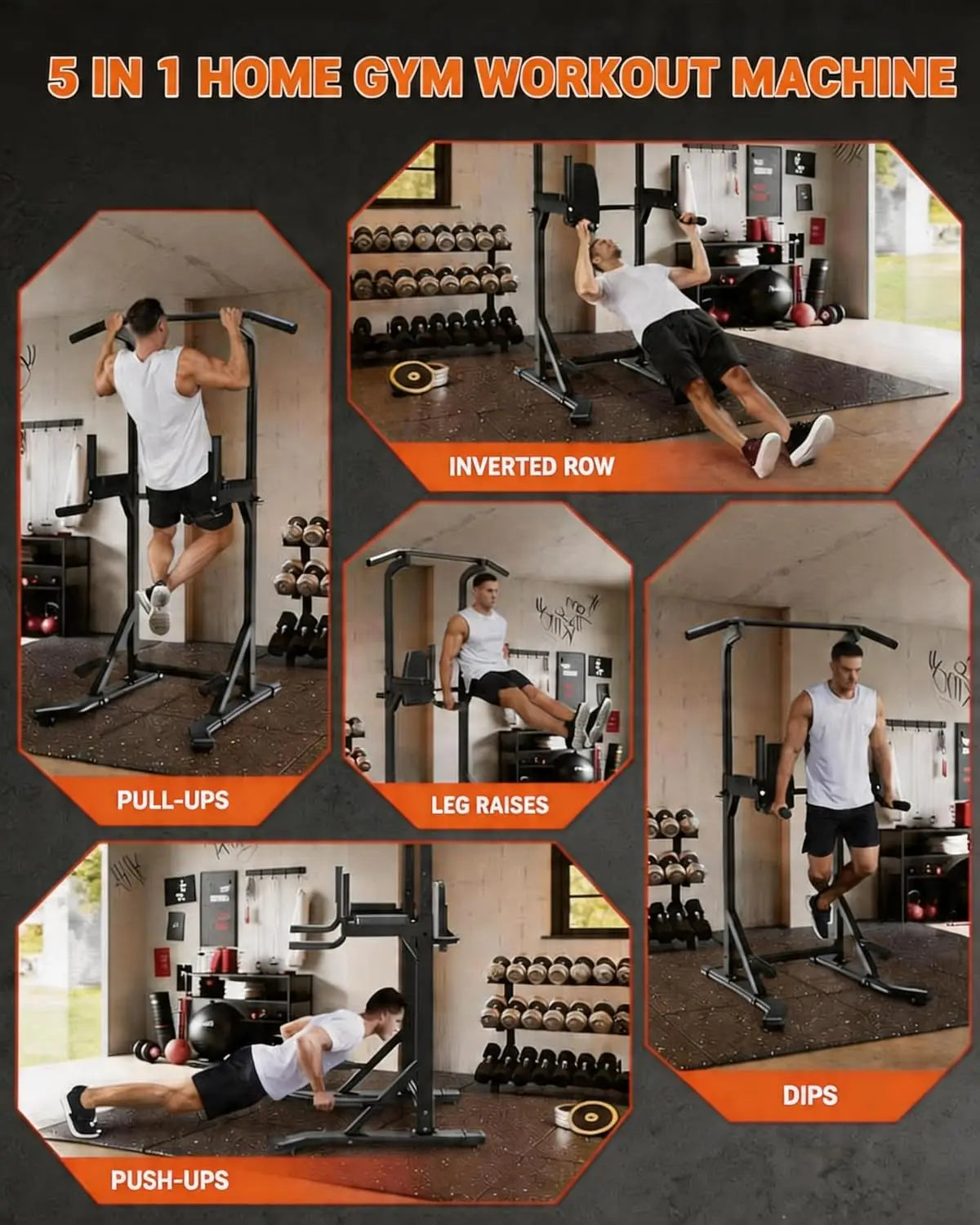 Power Tower Pull Up Bar for Home Gym, 450lbs Heavy Duty Capacity, Multi-Function Dip Station with Adjustable Height, Full Body Strength Training Equipment for Pull-Ups, Dips, Leg Raises, Carbon Steel Fitness Rack