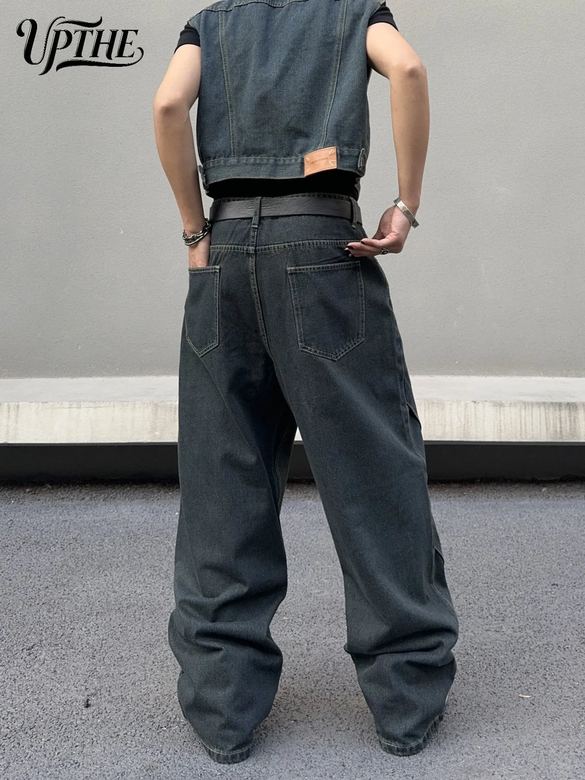 UP.THE Men Dark Raw Denim Baggy Wide Leg Jeans, Y2K Oversized Loose Curved Spliced Eyelet Denim Pants, Industrial Streetwear Trousers for Daily Outfits