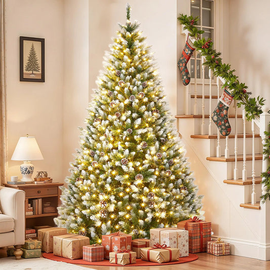 6FT Pre‑Lit Artificial Pine Christmas Tree with Pine Cones, 250 LEDs 748 Tips Hinged Stand PVC Holiday Tree for Home Office Party Decor