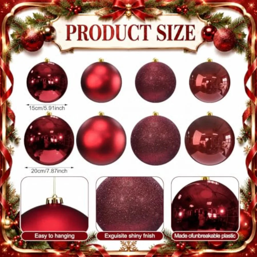 8 Pack Extra Large Christmas Ornament Balls for Tree Decoration, Glass, Wine Red, Shatter-Resistant and Glossy Finish