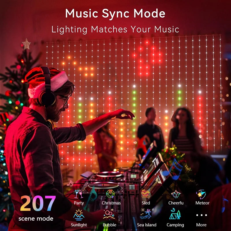 Smart RGBIC Curtain Lights APP Control Music Sync DIY Patterns Timer LED String Lights for Christmas Bedroom Party Decor