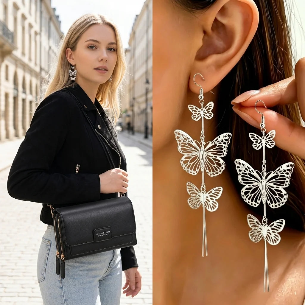 2PC(1PC Messenger Bag+1 Pair Earrings )Women's Small Shoulder Crossbody Bag and Elegant Long Drop Earrings,Hollow Butterfly Tassel Earrings,Bohemian Style, Mobile Phone Card Wallet Bag,Casual Handbag for Party Birthday,Daily