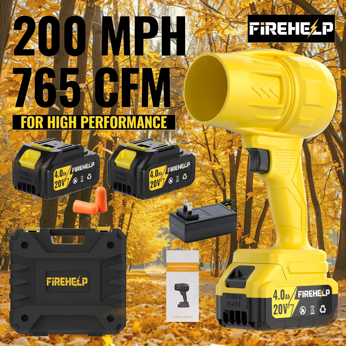 FIREHELP Cordless Leaf Blower Electric Jet Blower, Portable Dust Remover, Handheld Blower – 200 MPH Air Speed, 765 CFM Air Volum