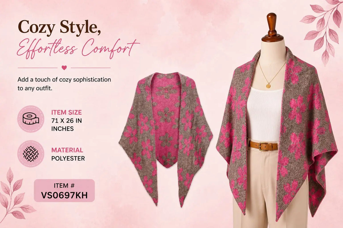 Women Brown Pink Floral Print Shawl Wrap Open Front Polyester Poncho Cape Elegant Fall Winter Fashion Outerwear Scarf for Ladies