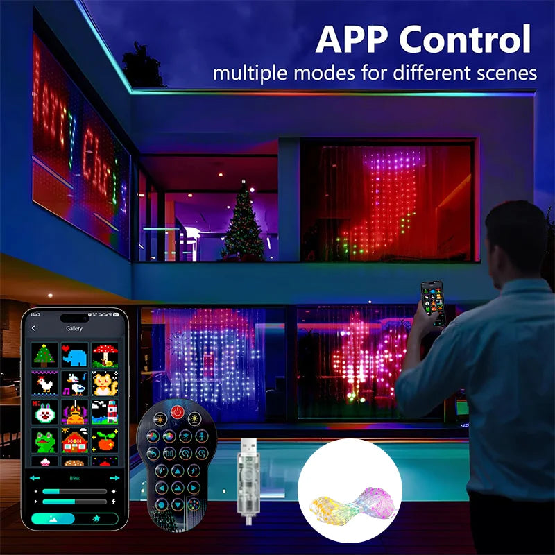 Smart RGBIC Curtain Lights APP Control Music Sync DIY Patterns Timer LED String Lights for Christmas Bedroom Party Decor