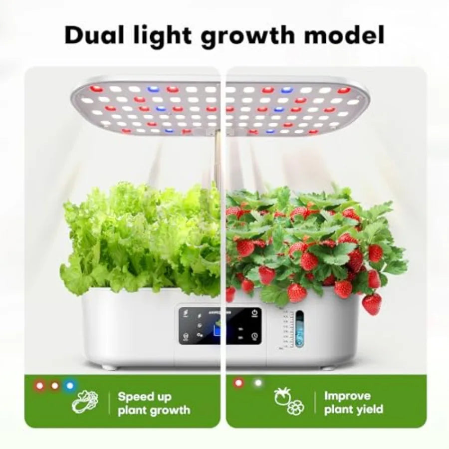 Indoor hydroponics growing system kit for herbs and lettuce, white plastic with LCD touch panel, 12-pod capacity, 17-inch max p