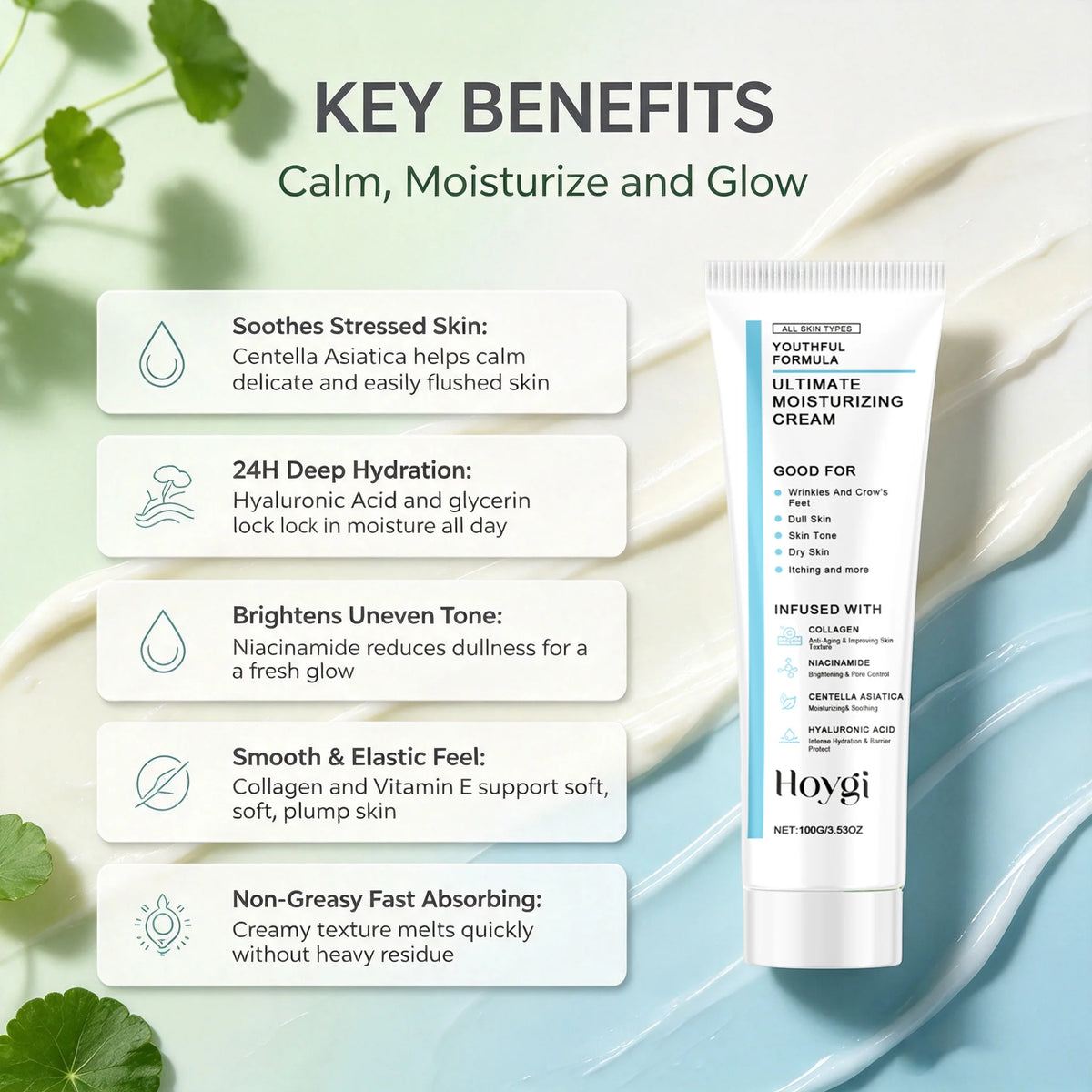 Hoygi Centella Moisturizing Cream With Hyaluronic Acid For Face