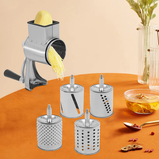 Stainless Steel Rotary Grater, Manual Drum Vegetable Slicer, 5 Interchangeable Blades, Safe Hand Crank Cutter for Potato Onion Carrot Salad