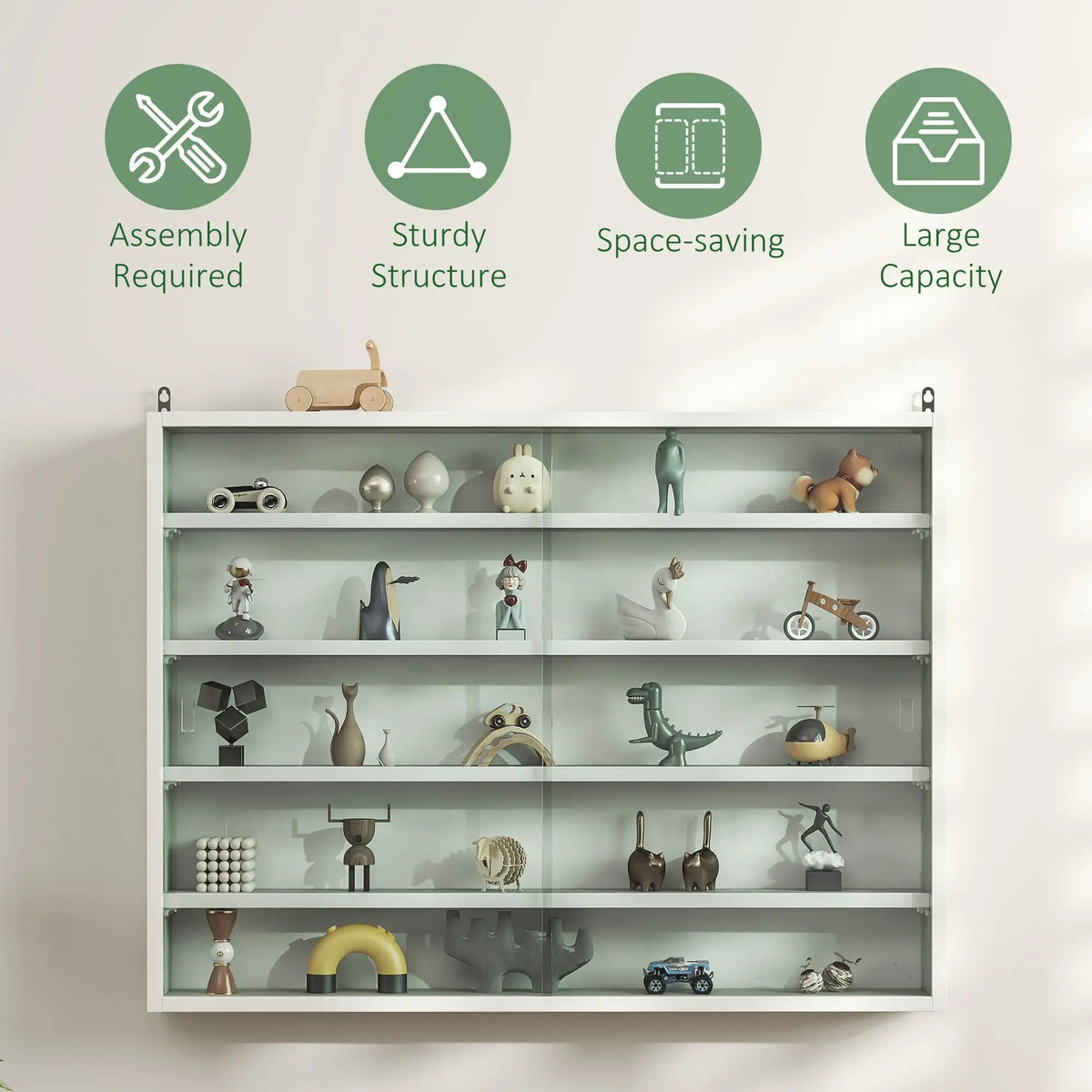 5-Tier White Display Cabinet with Glass Doors & Adjustable Shelves, Wall-Mounted