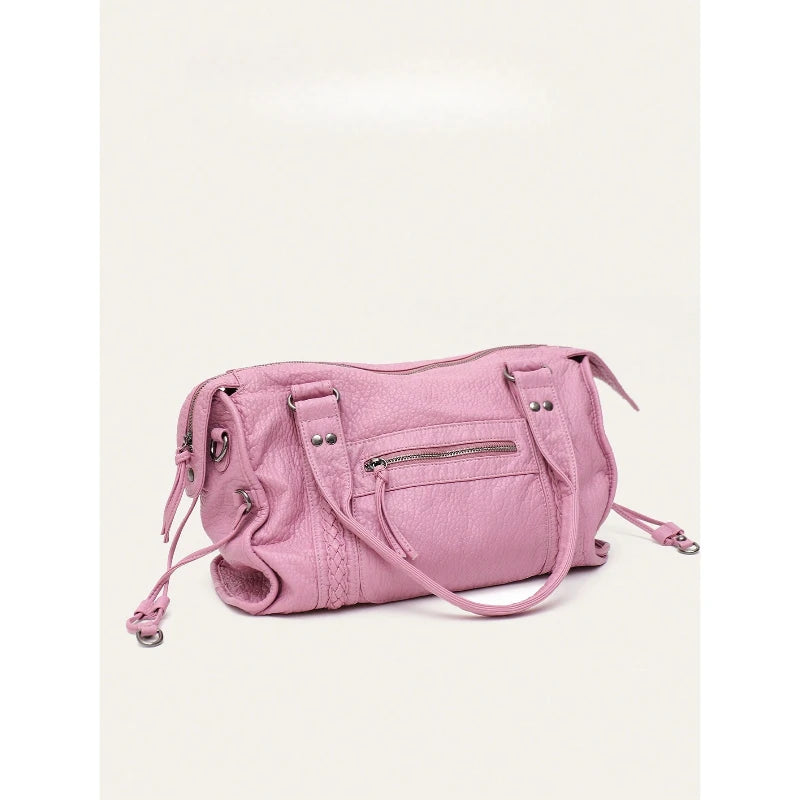 Women Casual Street Style PU Leather Tote Bag Zipper Pockets Braid Decor Fits 13 Inch Laptop Large Capacity